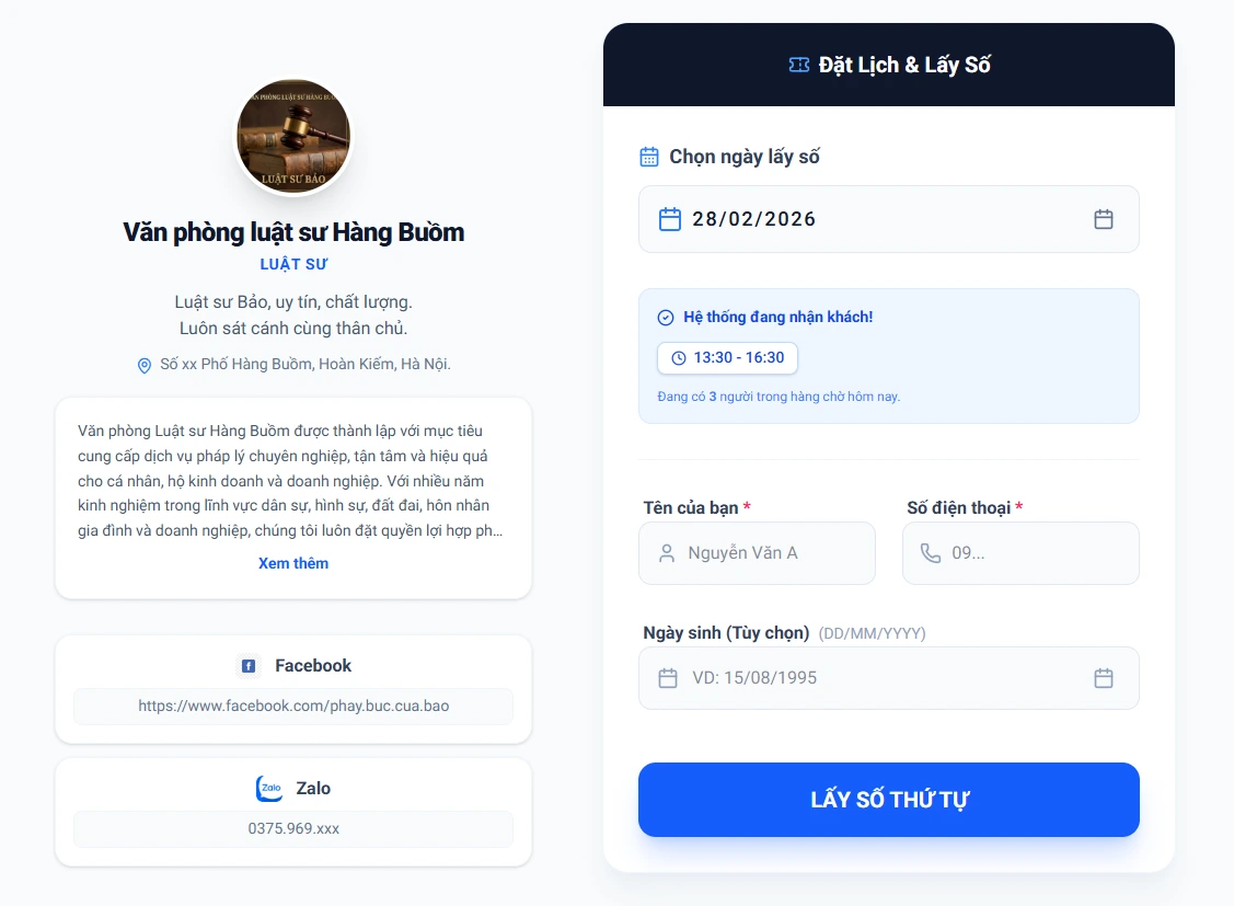 Trang Danh thiếp điện tử và form đặt lịch lấy số thứ tự của hệ thống Hẹn Lịch