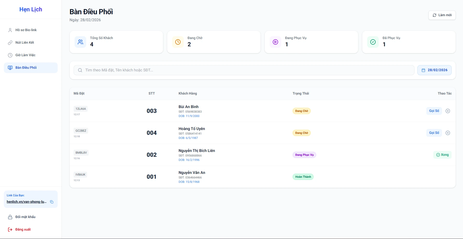 Danh sách hẹn lịch khách hàng của hệ thống Hẹn Lịch