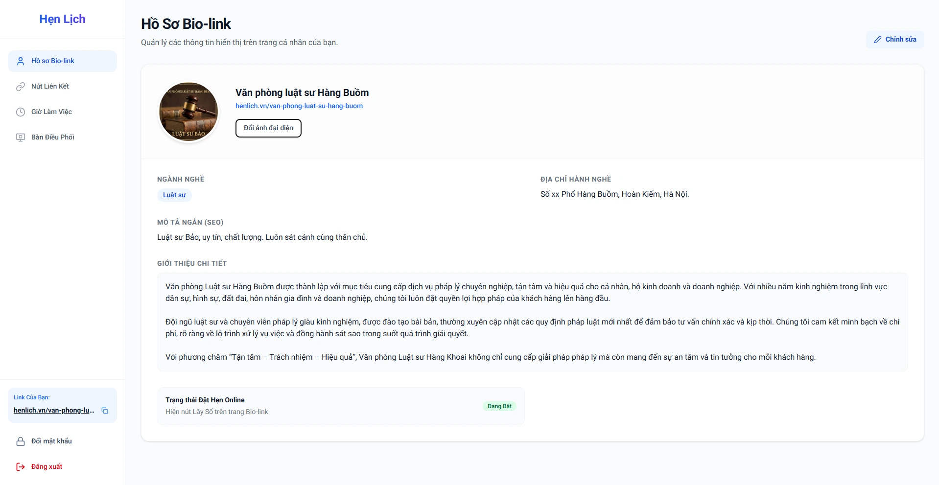 Dashboard quản lý Hồ sơ Danh thiếp điện tử cho chủ cửa hàng trên Hẹn Lịch
